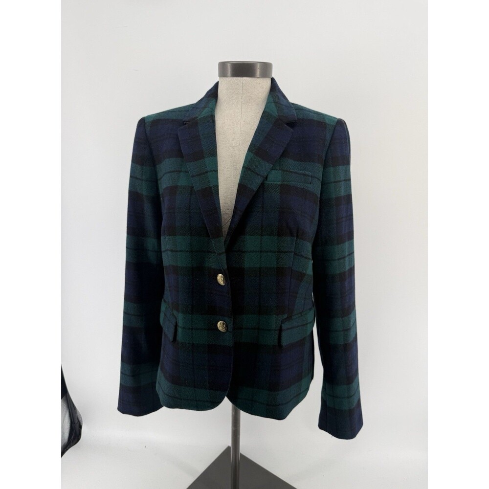 J.Crew Women’s Plaid Blazer Jacket Size 12 Wool Blend Green Tartan Gold Buttons - Picture 4 of 16